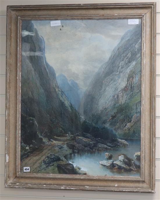 Charles N. Woolnorth (1815-1906), watercolour, Traveller in a fjord, signed, 75 x 60cm